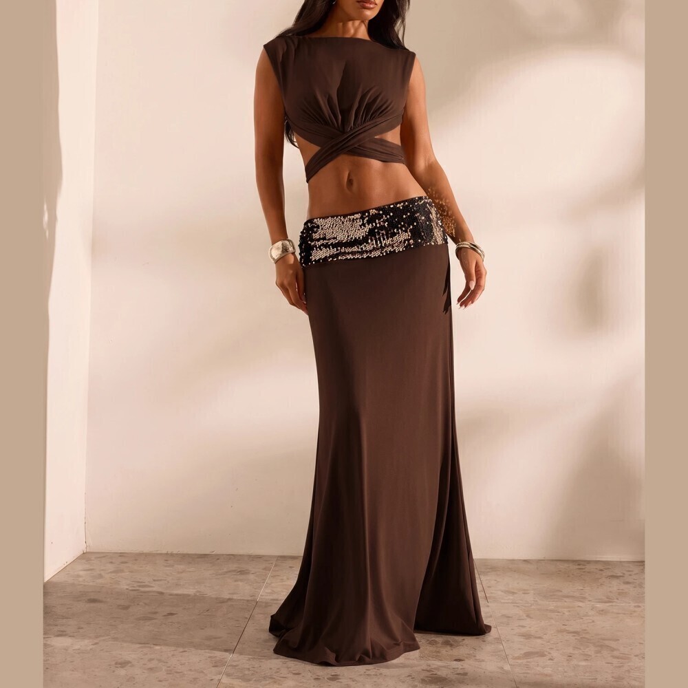 Brown Sequin Waistband Cutout Crop Top and Maxi Skirt Set